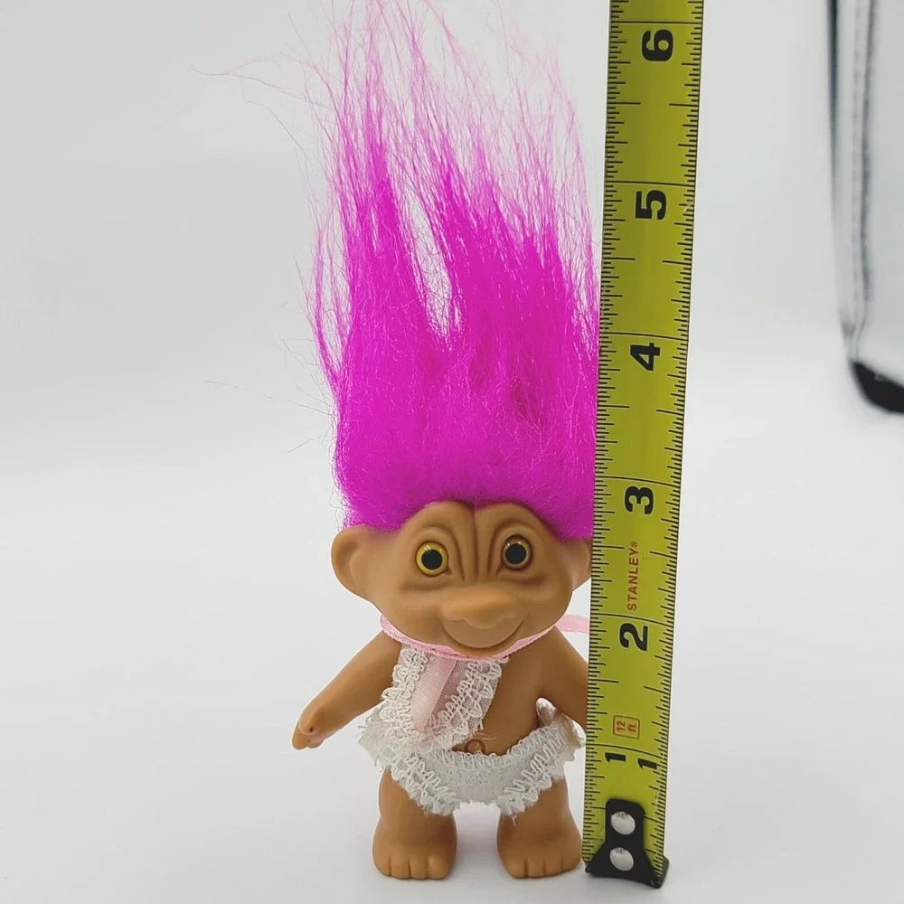 Vintage Russ Small Troll Doll Fuchsia Pink Hair Pink Bib White Diaper Baby 1990s